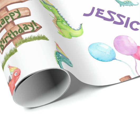 Gepersonaliseerde Waterverf Dinosaur Birthday Cadeaupapier (Rol Hoek)