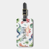 Gepersonaliseerde waterverf dinosauruspatroon reiz bagagelabel (Voorkant verticaal)