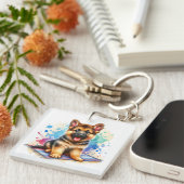 Gepersonaliseerde Waterverf Duitse Herder Puppy Do Sleutelhanger (Voorkant Rechts)