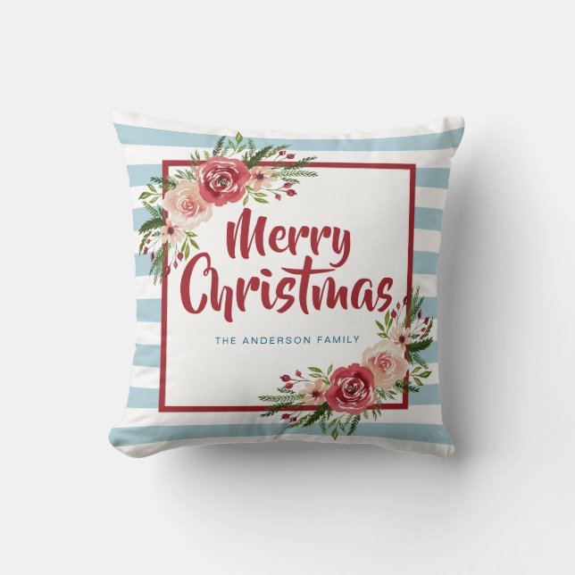 Gepersonaliseerde Waterverf Floral Merry Christmas Kussen (Voorkant)