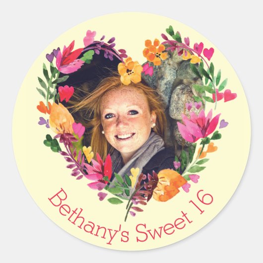 Gepersonaliseerde Waterverf Floral Sweet 16 Foto Ronde Sticker (Voorkant)