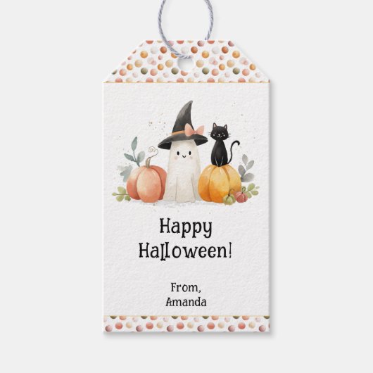 Gepersonaliseerde Waterverf Ghost Black Cat Hallow Cadeaulabel (Voorkant)
