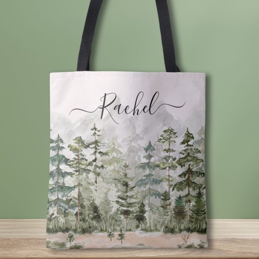 Gepersonaliseerde Waterverf Green Pine Forest Moun Tote Bag