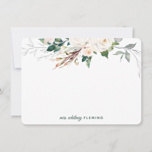 Gepersonaliseerde Waterverf Greenery White Floral  Notitiekaartje (Voorkant)