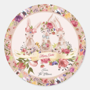 Gepersonaliseerde Waterverf Happy Easter Bunny Ronde Sticker