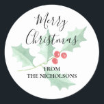 Gepersonaliseerde Waterverf Holly Merry Christmas Ronde Sticker<br><div class="desc">Deze feestelijke Merry Christmas sticker is versierd met een waterverf takje van hulst. Gemakkelijk aan te passen met uw naam. Omdat we onze eigen kunstwerken creëer,  zult u dit exacte afbeelding van andere ontwerpers niet vinden. Originele Waterverf © Michele Davies.</div>