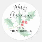 Gepersonaliseerde Waterverf Holly Merry Christmas Ronde Sticker (Voorkant)
