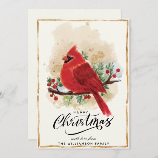 Gepersonaliseerde Waterverf Kardinaal Kerst Kaart (Voorkant / Achterkant)