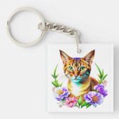 Gepersonaliseerde Waterverf Kat en Bloemen Sleutelhanger (Voorkant)