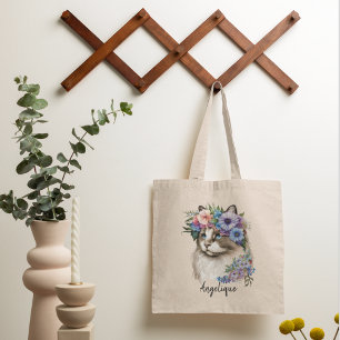 Gepersonaliseerde Waterverf Kattenbloemen Tote Bag