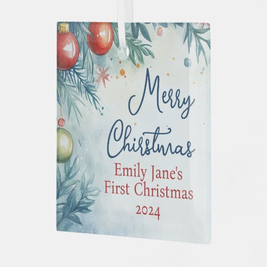 Gepersonaliseerde Waterverf Kerst Glas Ornament (Voorkant links)