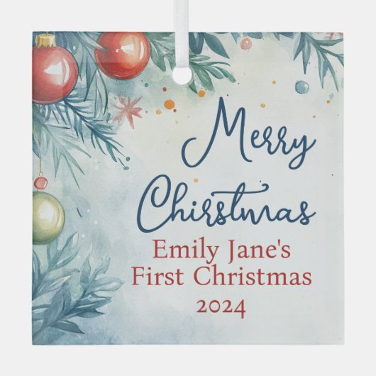 Gepersonaliseerde Waterverf Kerst Glas Ornament (Voorkant)