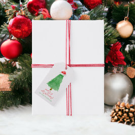 Gepersonaliseerde Waterverf Kerstboom Santa Hat Cadeaulabel