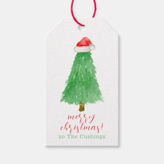 Gepersonaliseerde Waterverf Kerstboom Santa Hat Cadeaulabel (Voorkant)