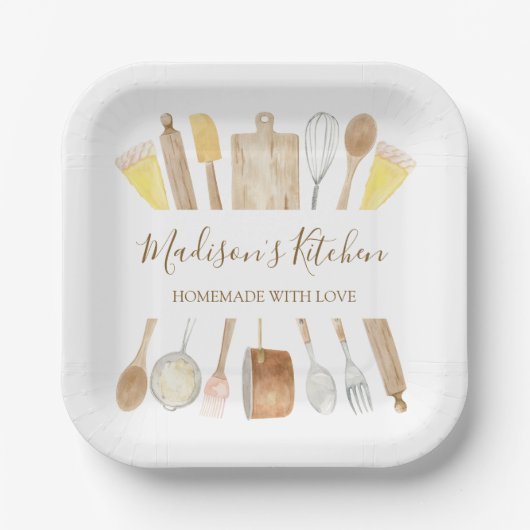 Gepersonaliseerde Waterverf keuken kookgerei Papieren Bordje (Voorkant)
