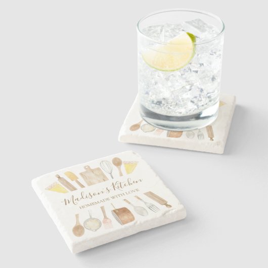 Gepersonaliseerde Waterverf keuken kookgerei Stenen Onderzetter (Zijkant)