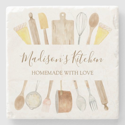 Gepersonaliseerde Waterverf keuken kookgerei Stenen Onderzetter (Voorkant)