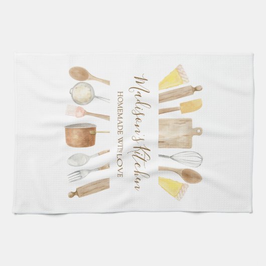 Gepersonaliseerde Waterverf keuken kookgerei Theedoek (Horizontaal)