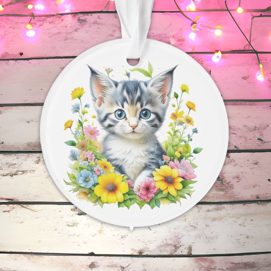 Gepersonaliseerde Waterverf Kitten Flowers Kerst Ornament