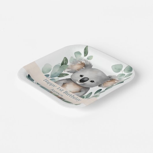 Gepersonaliseerde Waterverf Koala Beer Verjaardag Papieren Bordje (Gebogen)