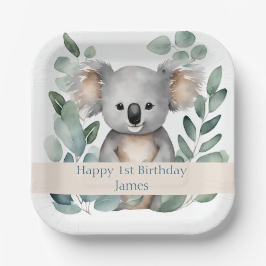 Gepersonaliseerde Waterverf Koala Beer Verjaardag Papieren Bordje (Voorkant)