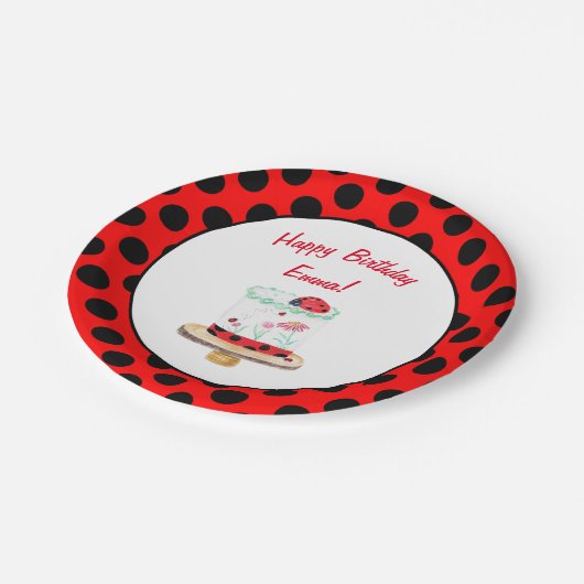 Gepersonaliseerde Waterverf Ladybug Cake Birthday Papieren Bordje (Gekanteld)