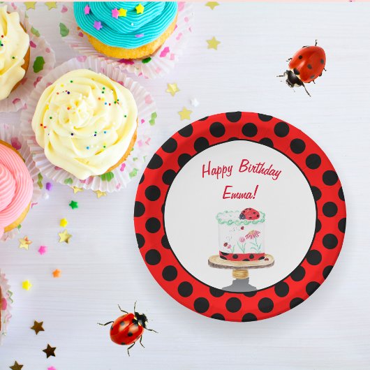 Gepersonaliseerde Waterverf Ladybug Cake Birthday Papieren Bordje