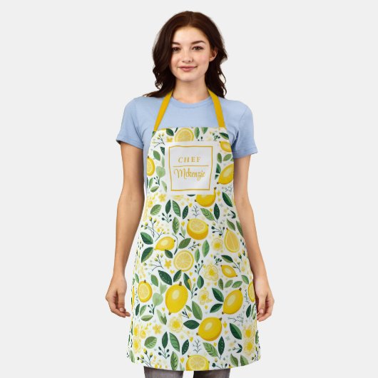 Gepersonaliseerde Waterverf Lemon Chef Women's Schort (Gedragen)