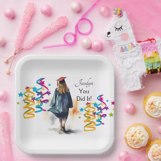 Gepersonaliseerde Waterverf Meisje Afstuderen Part Papieren Bordje (Feest)