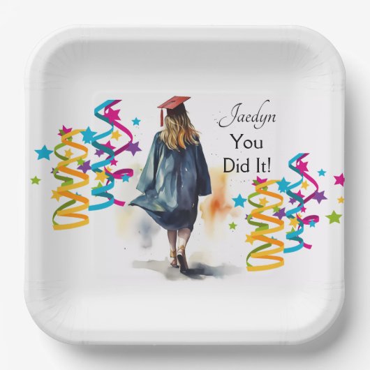 Gepersonaliseerde Waterverf Meisje Afstuderen Part Papieren Bordje (Voorkant)