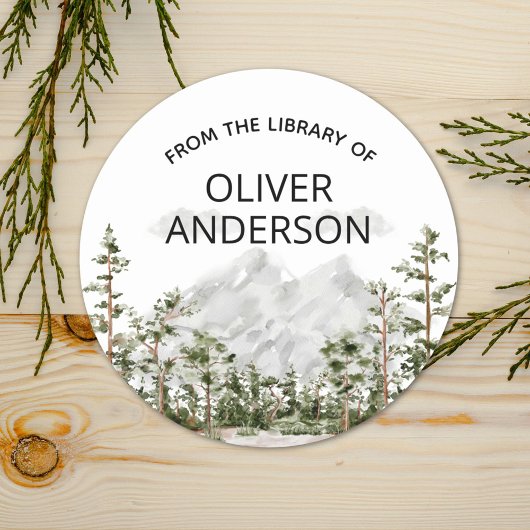 Gepersonaliseerde Waterverf Mountain Forest Bookpl Ronde Sticker