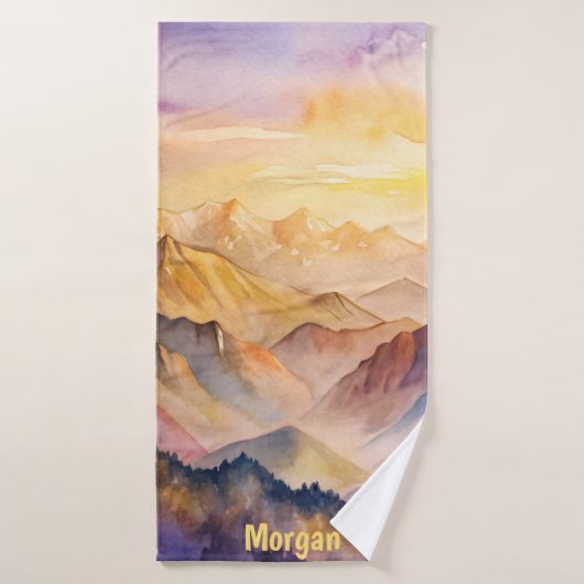 Gepersonaliseerde Waterverf Mountain Sunset Bad Handdoek (Badhanddoek)