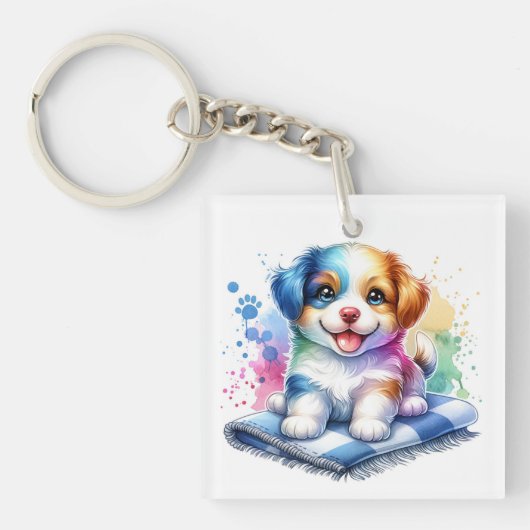 Gepersonaliseerde Waterverf Mutt Puppy Dog Sleutelhanger (Voorkant)