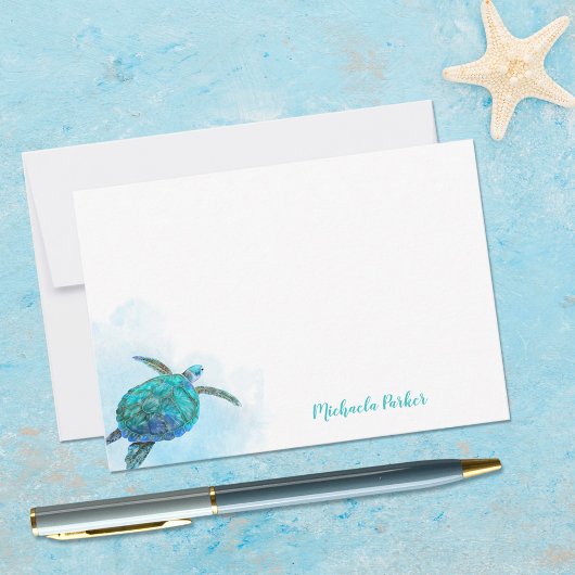 Gepersonaliseerde Waterverf Ocean Zee Turtle Notitiekaartje