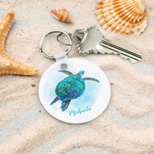 Gepersonaliseerde Waterverf Ocean Zee Turtle Sleutelhanger