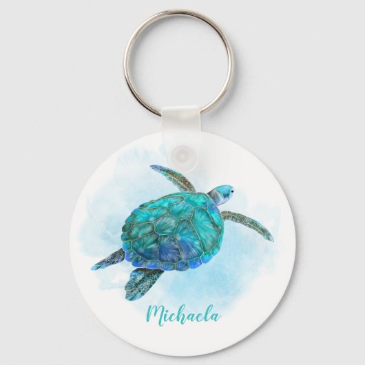 Gepersonaliseerde Waterverf Ocean Zee Turtle Sleutelhanger (Voorkant)