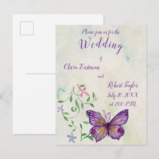 Gepersonaliseerde waterverf paarse vlinder uitnodiging briefkaart (Voorkant / Achterkant)