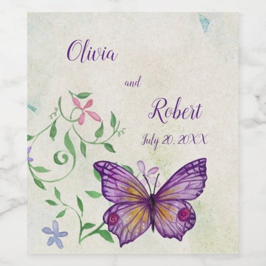 Gepersonaliseerde waterverf paarse vlinder wijn etiket (Enkel label)