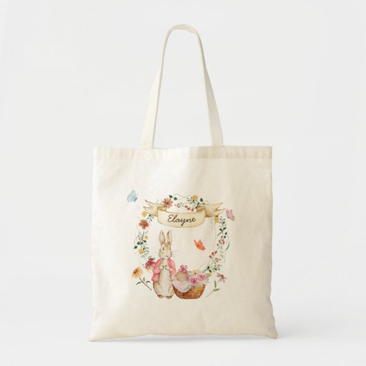 Gepersonaliseerde Waterverf paashaas en bloemen Tote Bag (Voorkant)