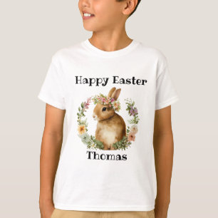 Gepersonaliseerde Waterverf Retro Paashaas Bloemen T-shirt