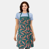 Gepersonaliseerde waterverf rode chilipeper teal schort (Gedragen)