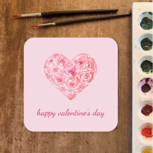 Gepersonaliseerde Waterverf Roos Hart Valentijnsda Vierkante Sticker