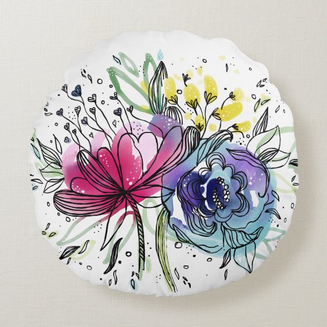 Gepersonaliseerde Waterverf Roze & Blauw Bloemen D Rond Kussen (Voorkant)