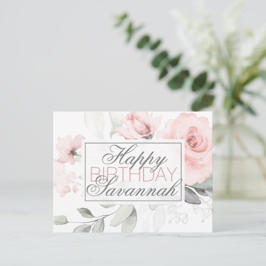 Gepersonaliseerde Waterverf Roze Floral Happy Birt Briefkaart (Staand voorkant)