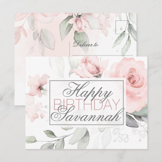 Gepersonaliseerde Waterverf Roze Floral Happy Birt Briefkaart (Voorkant / Achterkant)