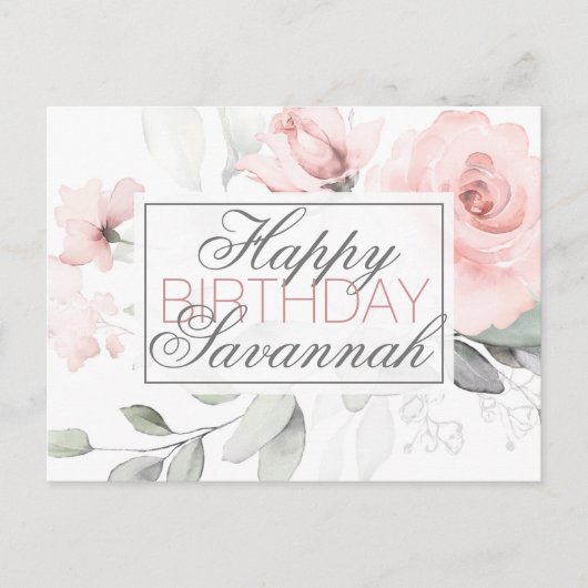 Gepersonaliseerde Waterverf Roze Floral Happy Birt Briefkaart (Voorkant)