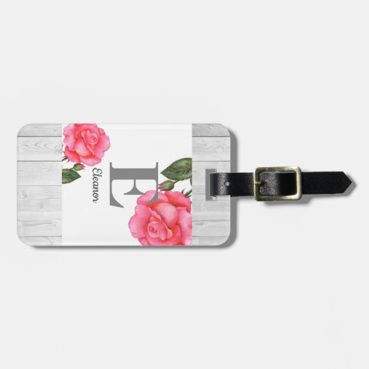 Gepersonaliseerde Waterverf roze rozen Floral mono Bagagelabel (Voorkant horizontaal)