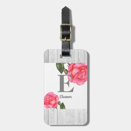 Gepersonaliseerde Waterverf roze rozen Floral mono Bagagelabel (Voorkant verticaal)