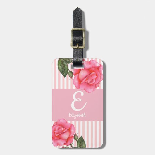 Gepersonaliseerde Waterverf roze rozen Floral mono Bagagelabel (Voorkant verticaal)