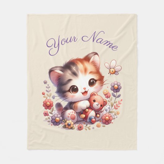 Gepersonaliseerde Waterverf spelen Kitten Naam Fleece Deken (Voorkant)